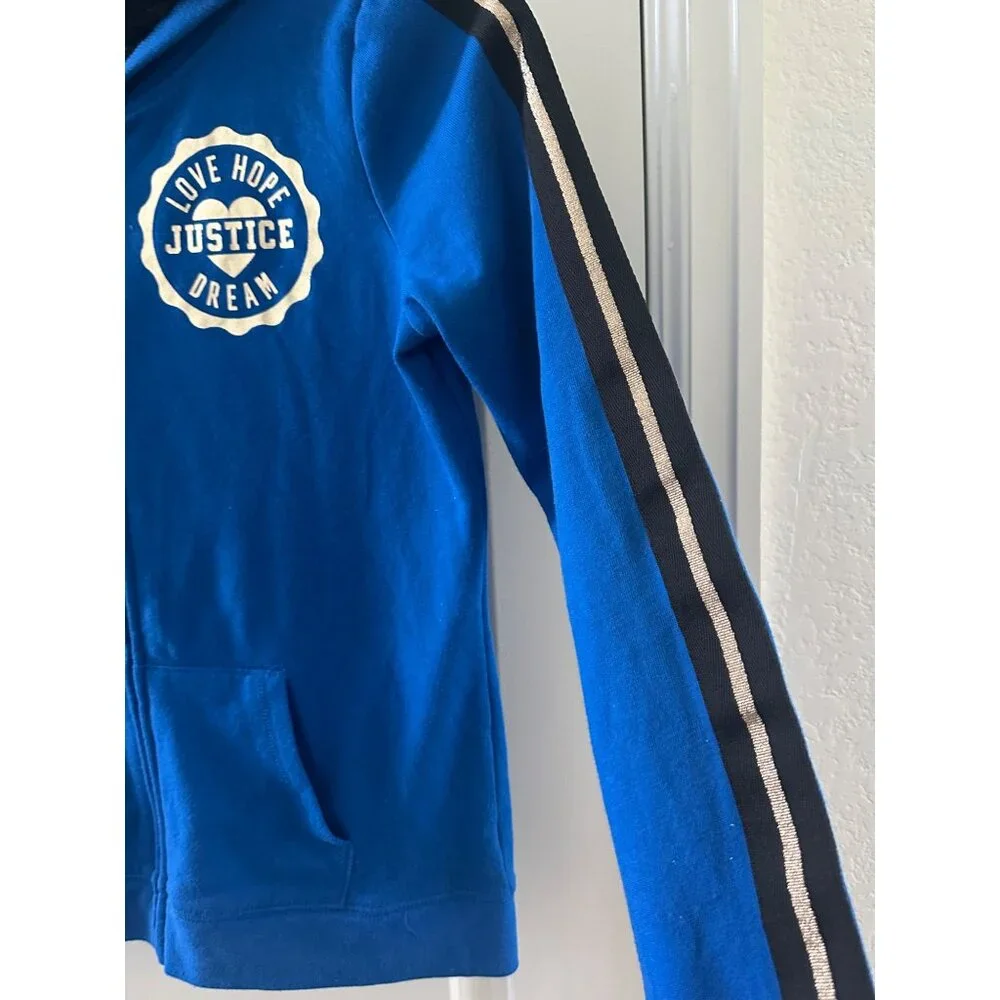 Justice Girls Blue Faux Fur Lined Hoodie With Love Hope Justice Dream Graphic Si